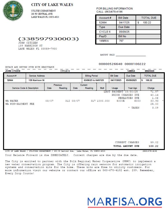 Blank USA City of Lake Wales utility bill template in Word and PDF formats